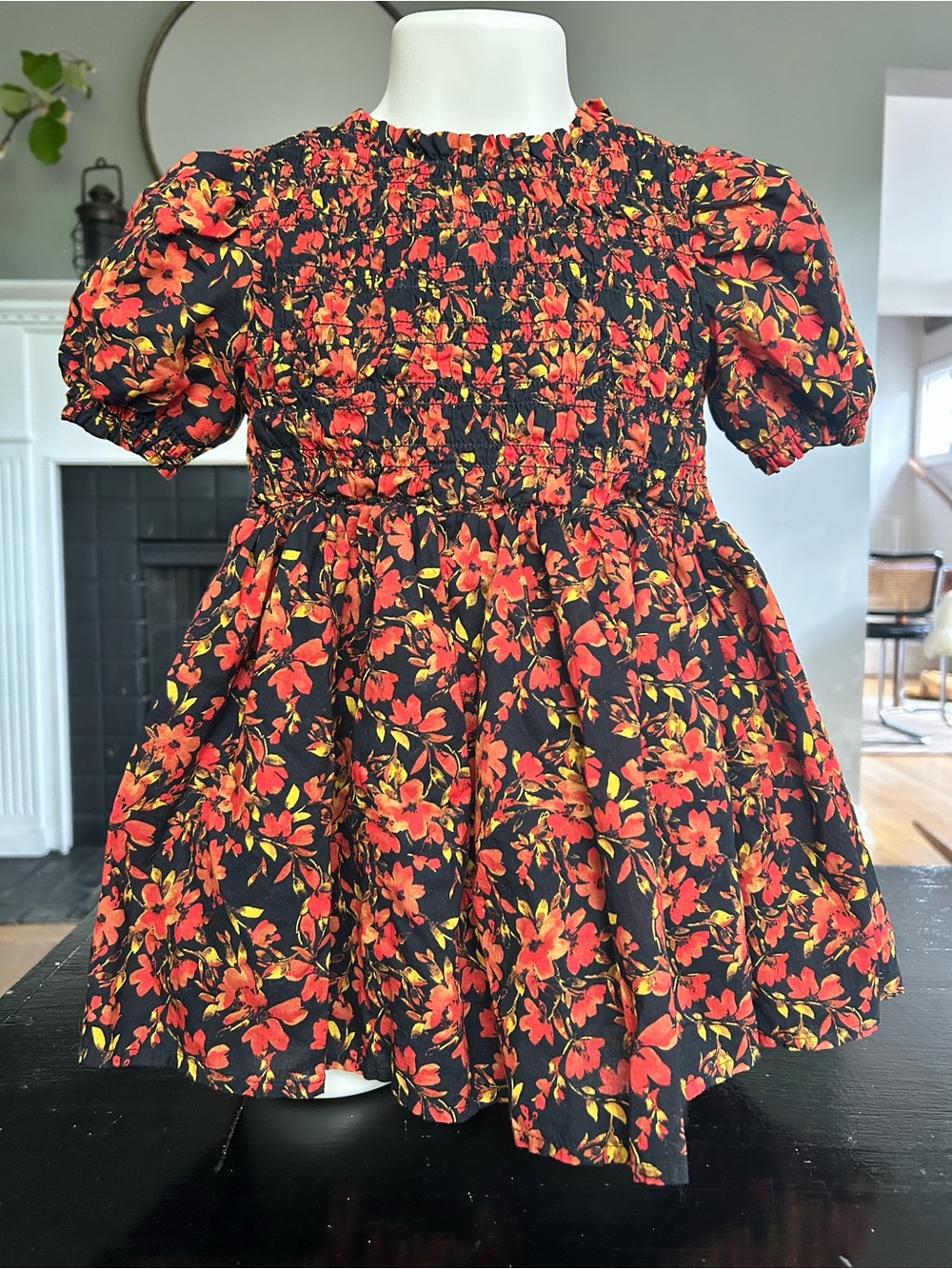 Baby Gap Floral Smocked Dress — Black with Red & Yellow Flowers, Size 2T